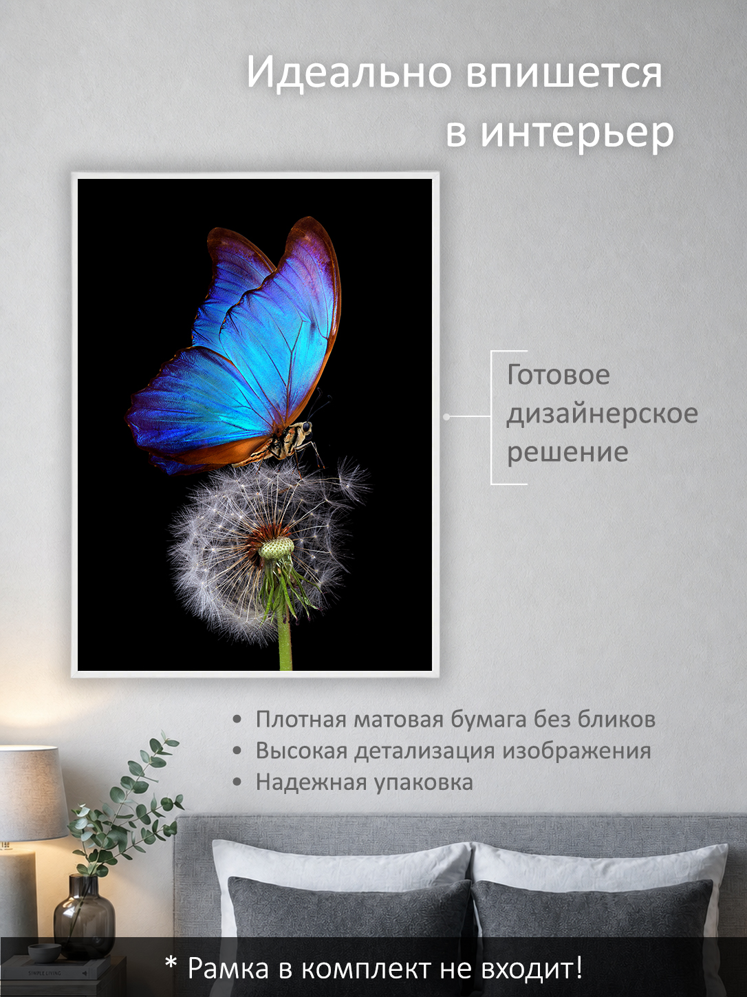 11849571517.jpg Постер интерьерный на стену 50х70 см без рам "Синяя бабочка на одуванчике" — изображение 2