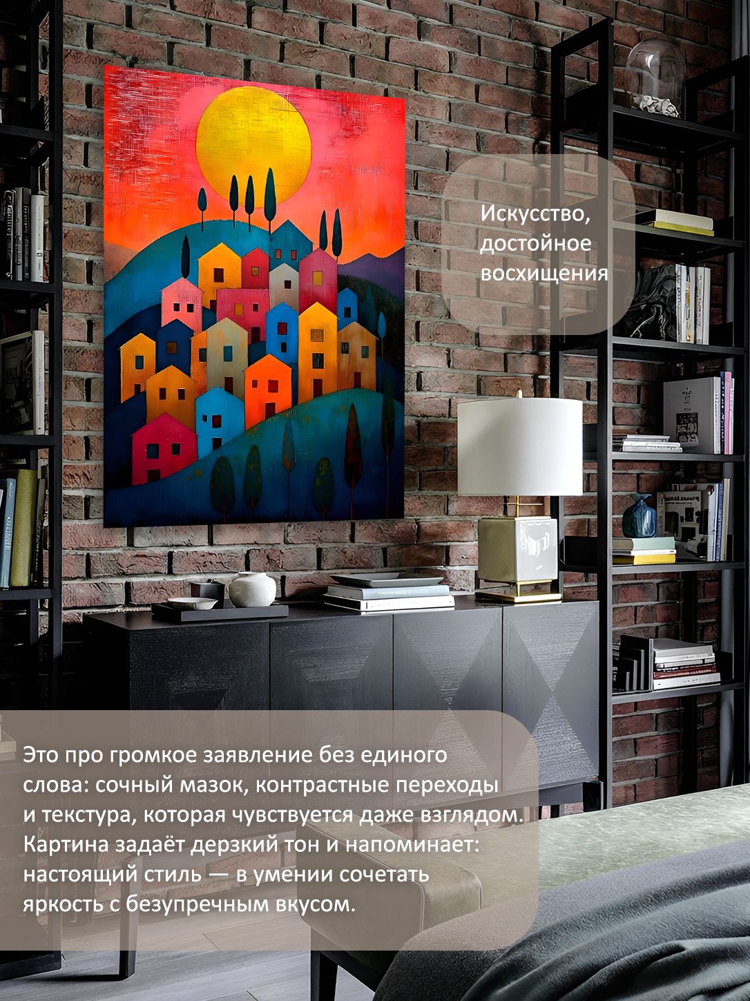 13326239623.jpg Картина на холсте интерьерная 60х80 см "Деревня на холме под солнцем" — изображение 2
