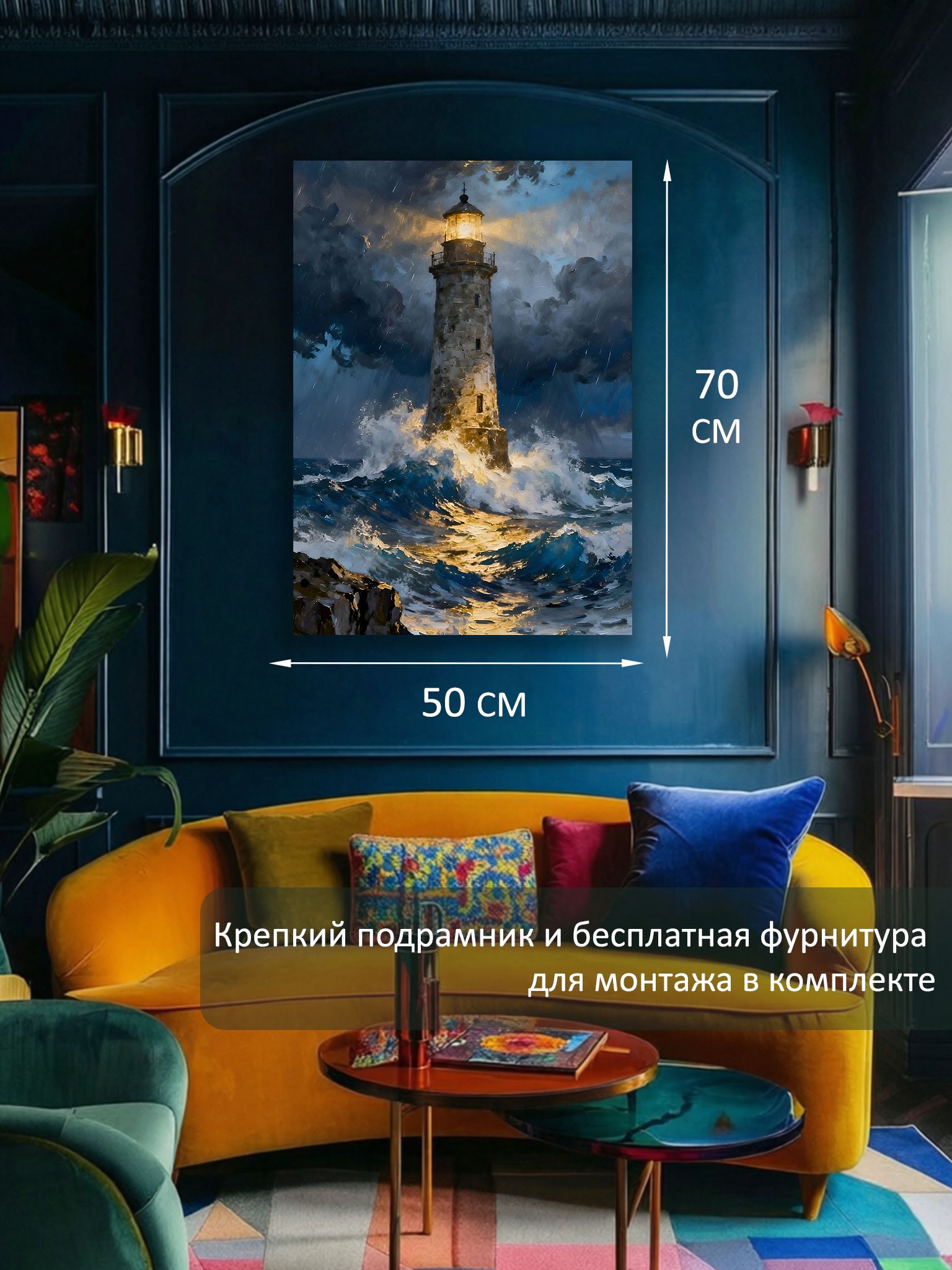13449022975.jpg Картина на холсте интерьерная 50х70 см "Шторм и маяк" — изображение 6