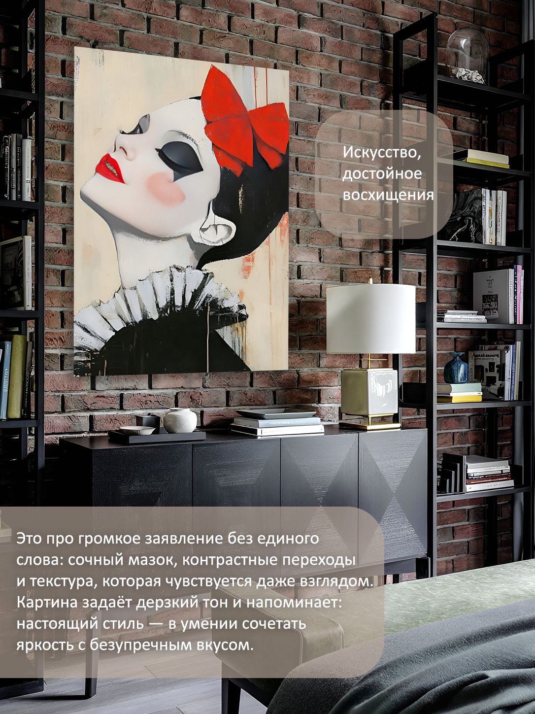 13449024647.jpg Картина на холсте интерьерная 50х70 см "Девушка с красным бантом" — изображение 2
