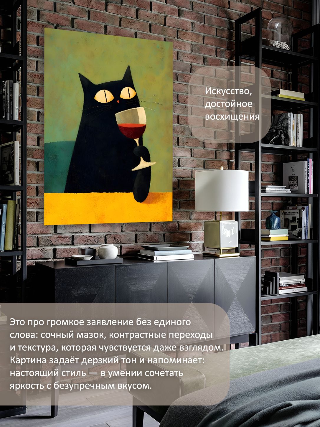 13592124484.jpg Картина на холсте интерьерная 70х100 см "Кот с бокалом вина" — изображение 2